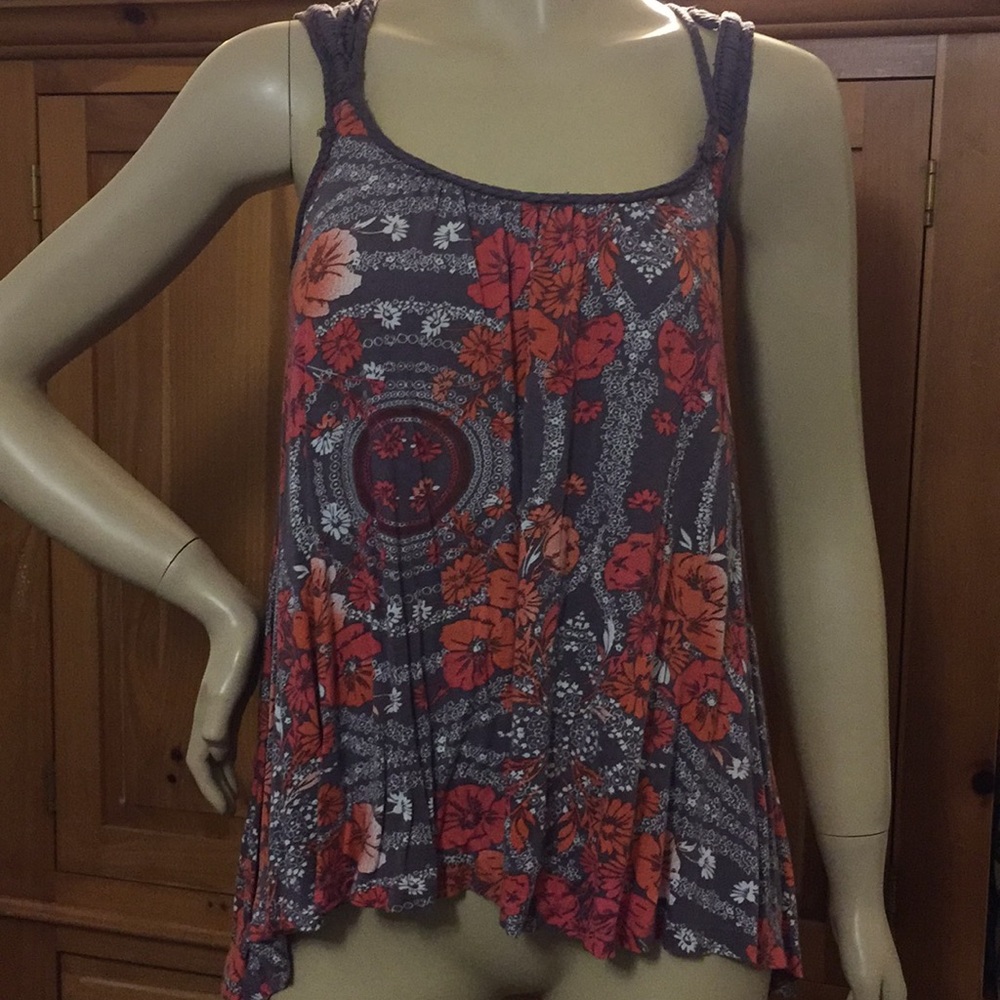 Free People Braided Strap Tank Top Red Floral